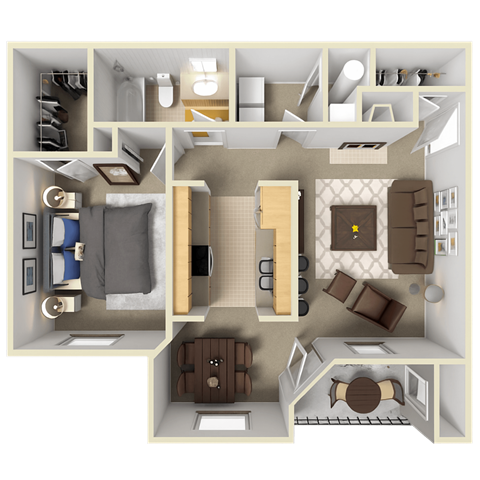 Floor plan for 1 bed, 1 bath, 727 sqft
